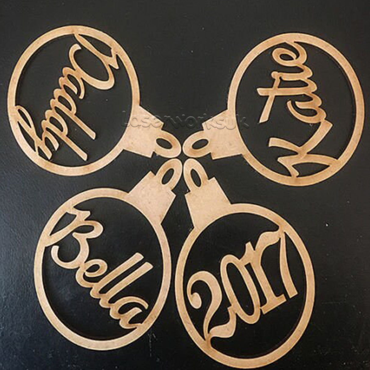 4 Personalised Named Baubles - Christmas Tree Decorations - LaserworksUK