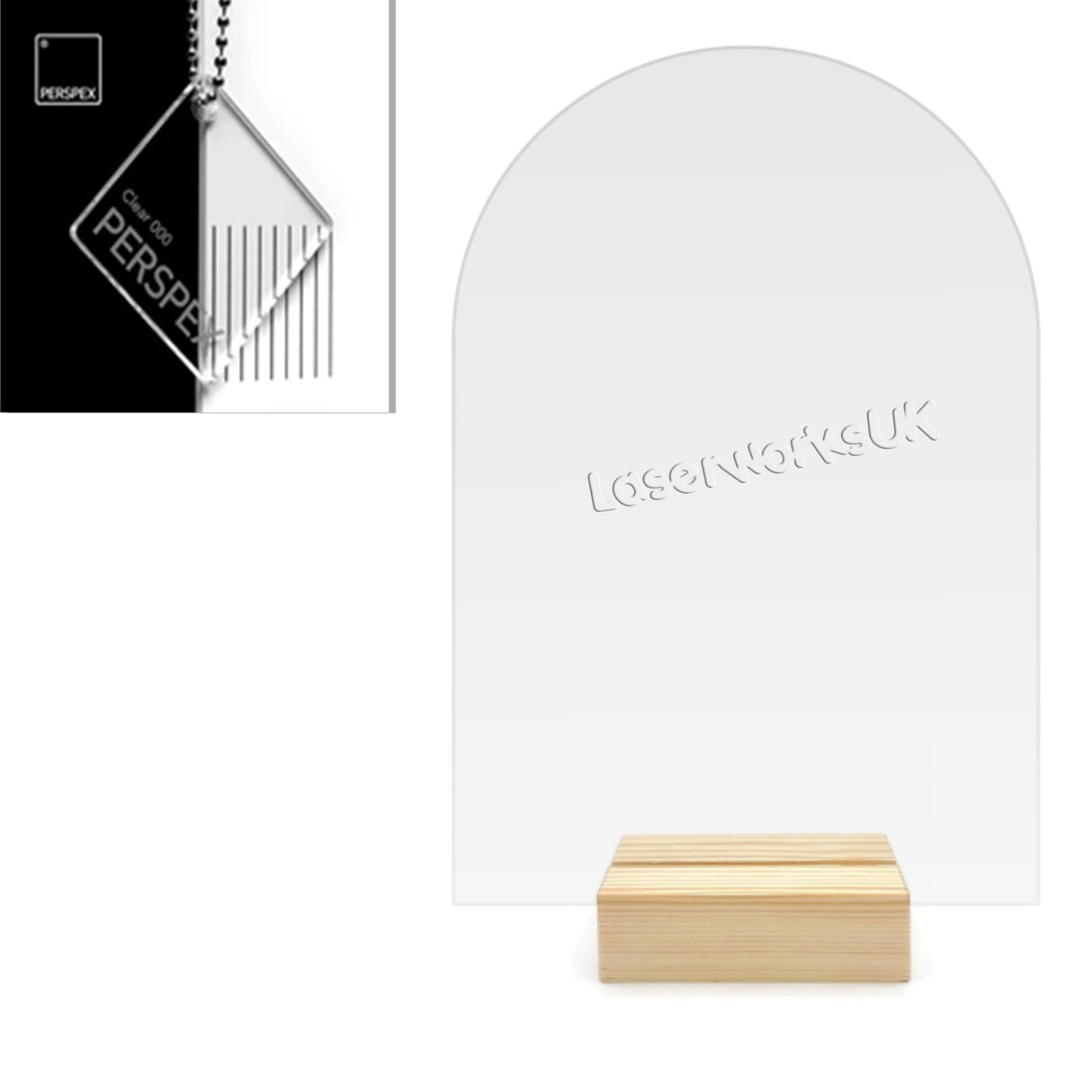 Clear Acrylic Arch and Wooden Table Stand - Laserworksuk