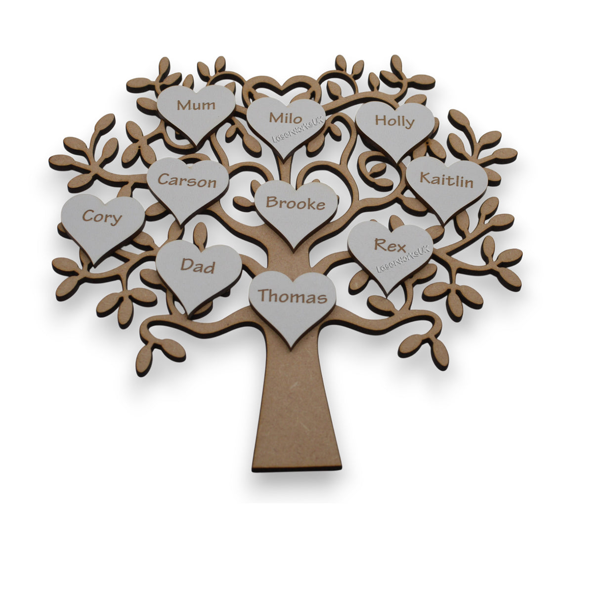 Family Tree With White Mdf Engraved Hearts - LaserworksUK