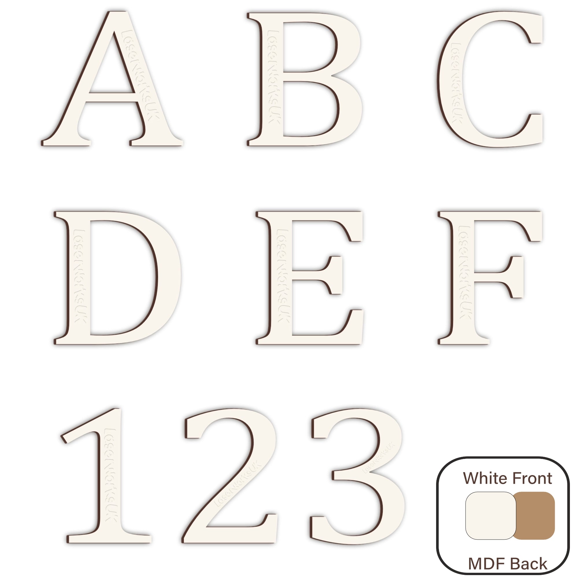 White Painted MDF Wooden Letters - Cambria Font 2cm - 30cm - Laserworksuk