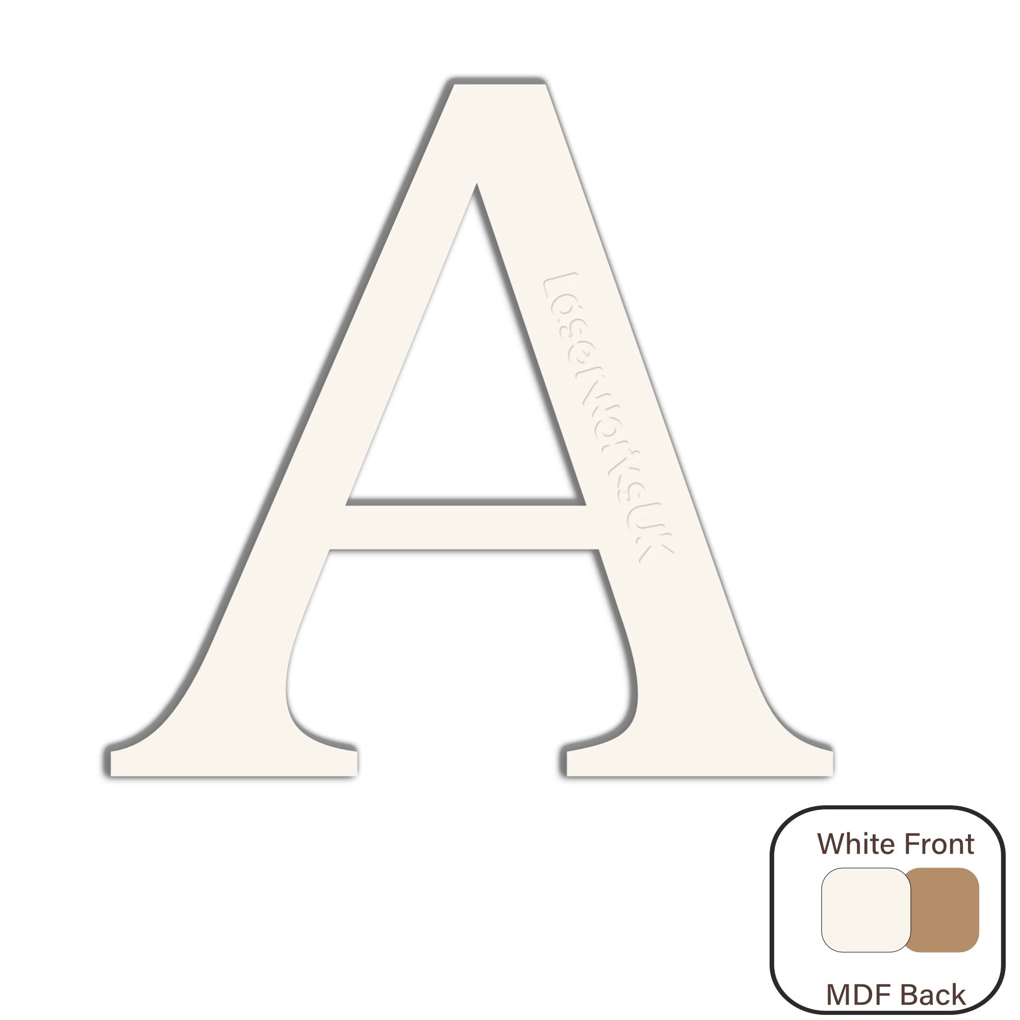 White Painted MDF Wooden Letters - Cambria Font 2cm - 30cm - Laserworksuk
