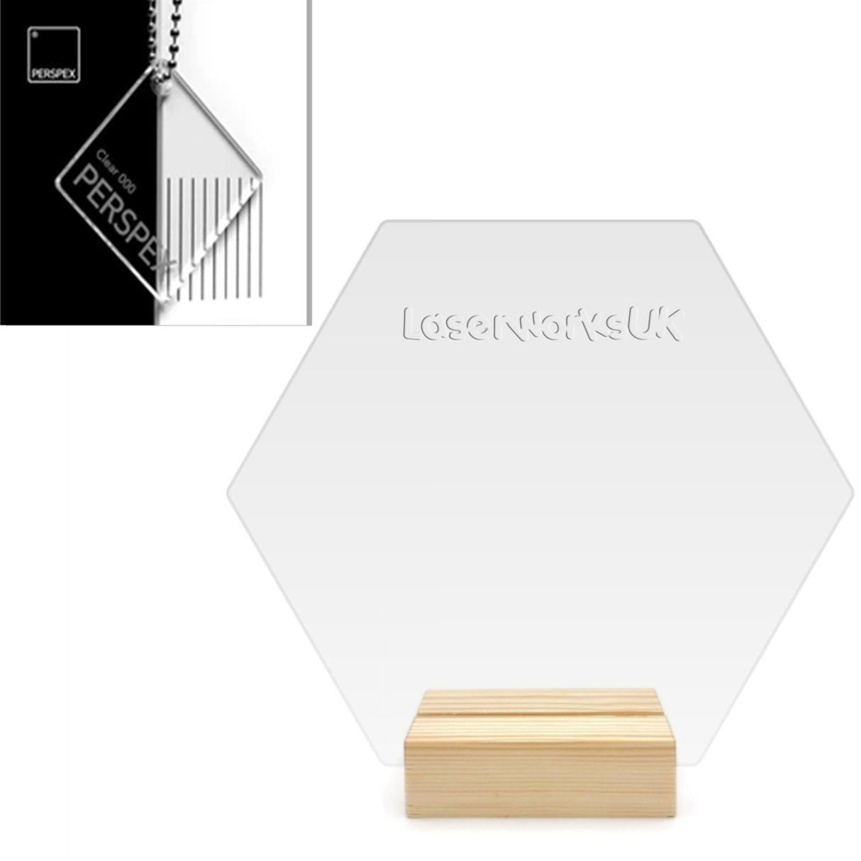 Clear Acrylic Hexagon and Wooden Table Stand - Laserworksuk