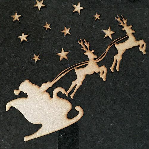 Laser Cut MDF Christmas Santa Sledge & Reindeers - 12 Free Stars - LaserworksUK