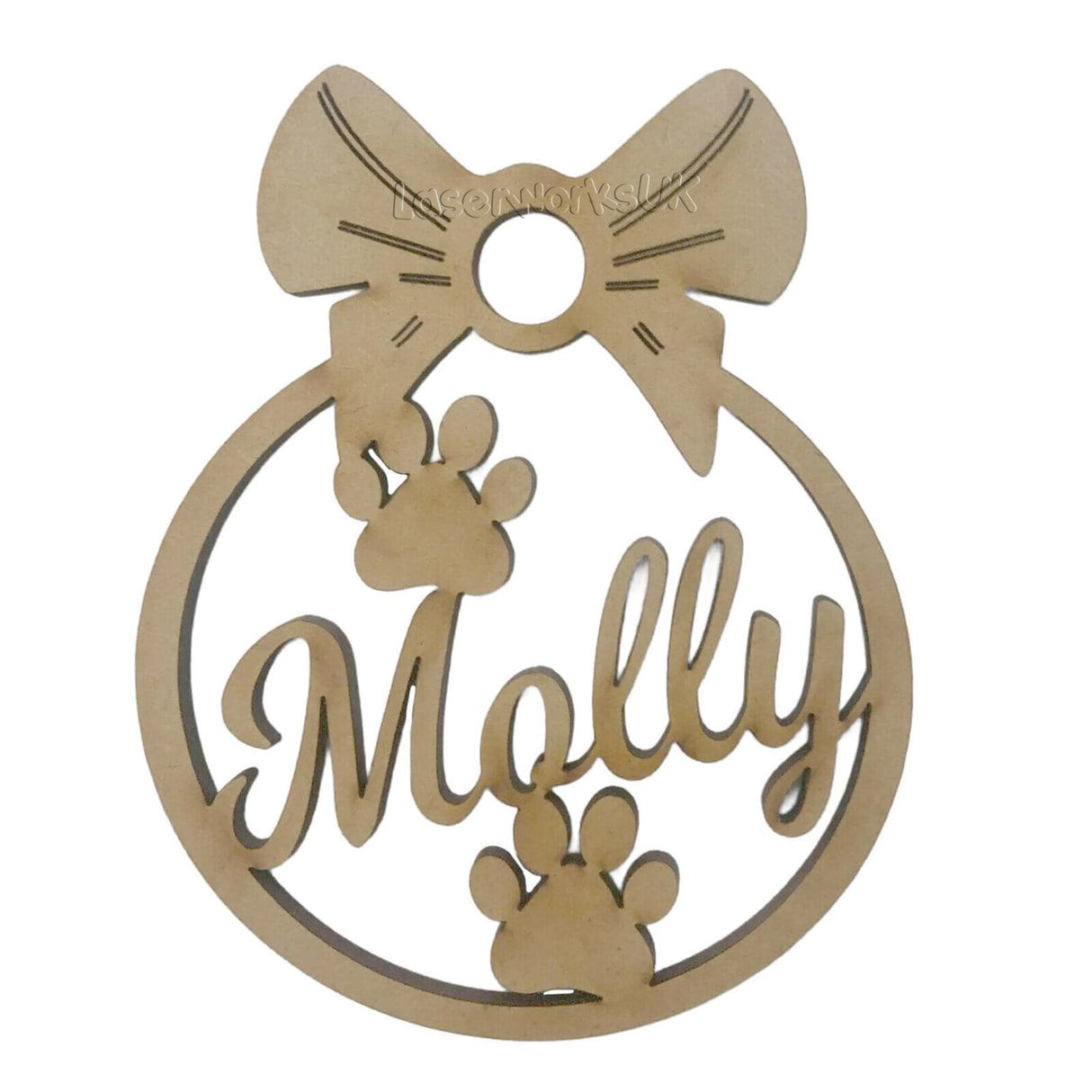 Dog Paw Shaped Bauble, Personalised Pet Name Decoration - LaserworksUK