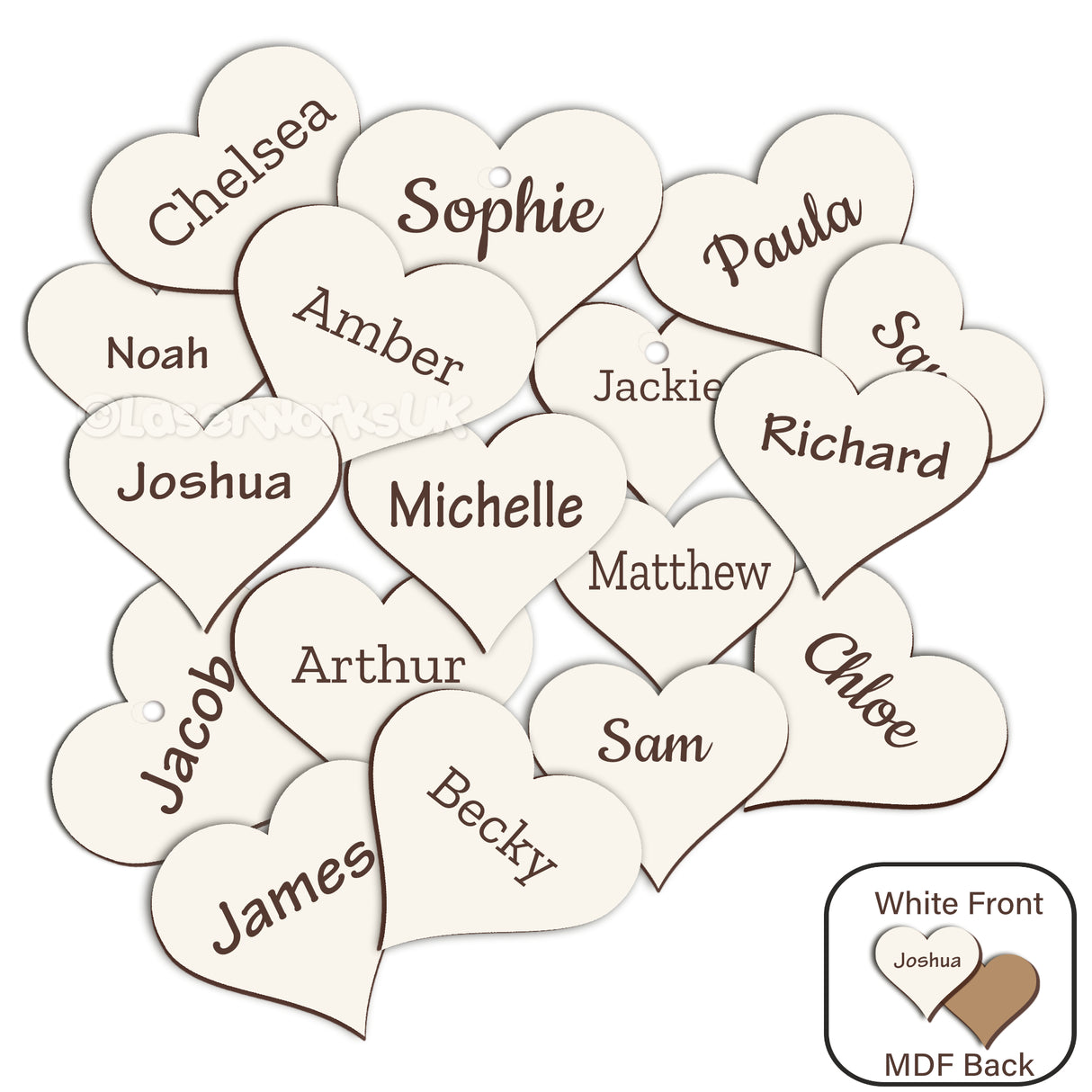 Engraved Wooden White MDF Hearts - Laserworksuk