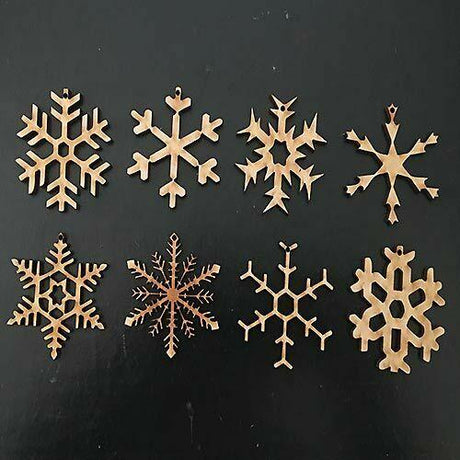 8 x Wooden Christmas Snowflakes - Hanging Bauble - Tree Decorations Shapes Craft - Laserworksuk