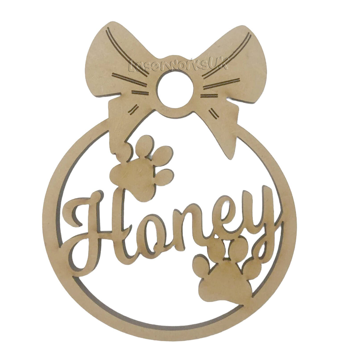 Dog Paw Shaped Bauble, Personalised Pet Name Decoration - LaserworksUK