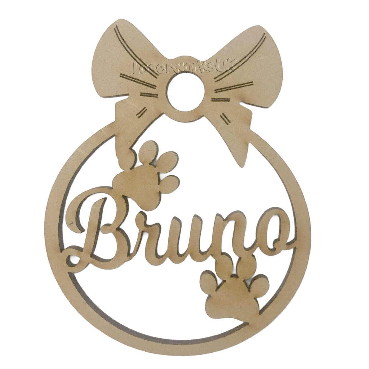 Dog Paw Shaped Bauble, Personalised Pet Name Decoration - LaserworksUK