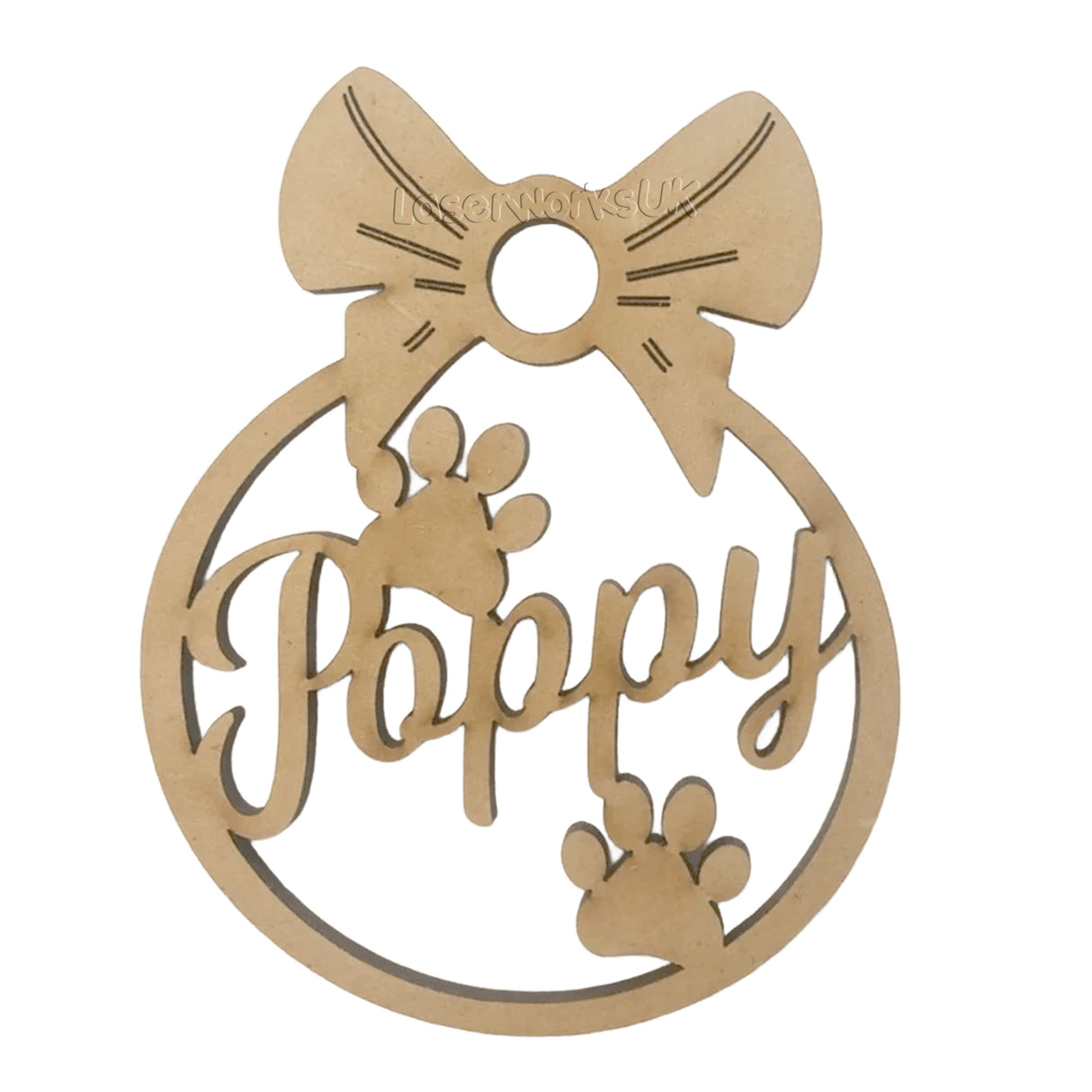 Dog Paw Shaped Bauble, Personalised Pet Name Decoration - LaserworksUK